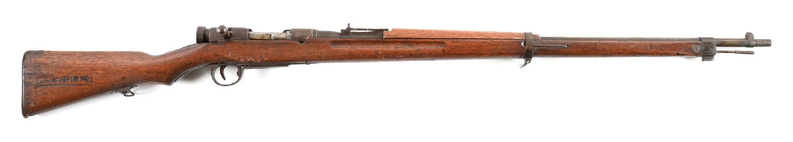 (C) WWII JAPANESE TYPE 38 ARISAKA BOLT ACTION SMOOTHBORE TRAINING RIFLE.: Of somewhat crude Arisaka form with smoothbore for use with blanks. Fixed front sight and aperture rear with flip up ladder sans elevator. Finger groove hardwood stocks with kanji school identificatio