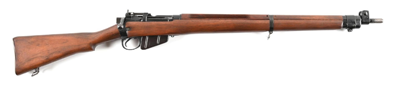 (C) FAZARKERLEY NO. 4 MK. 1 BOLT ACTION RIFLE.: Originally produced in 1944, this rifle received a Factory Thorough Repair at some point. Heavy matte black finish with somewhat obscured markings. Protected blade front sight and MK 3 rear sight. Nic