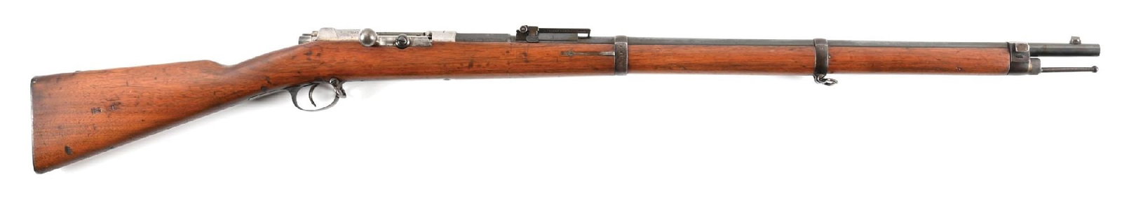 (A) UNIT MARKED AMBERG MODEL 1871/84 MAUSER BOLT ACTION RIFLE.: Manufactured in classic configuration throughout, and dated 1887. Full or partial matching serial numbers observed on receiver, barrel, magazine tube, front barrel band, front barrel band screw and re