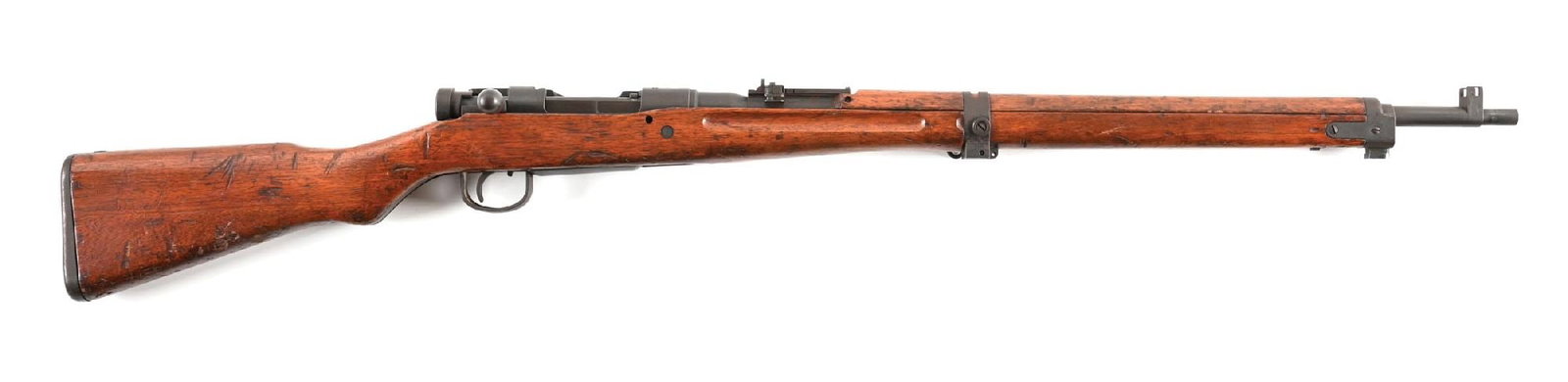 (C) NAGOYA TYPE 99 7.7 ARISAKA BOLT ACTION RIFLE.: Series 2 production with arsenal blued finish, protected blade front sight, ladder rear sight without anti-aircraft wings, and hardwood stock. Imperial chrysanthemum has been ground off. CONDITION: Go