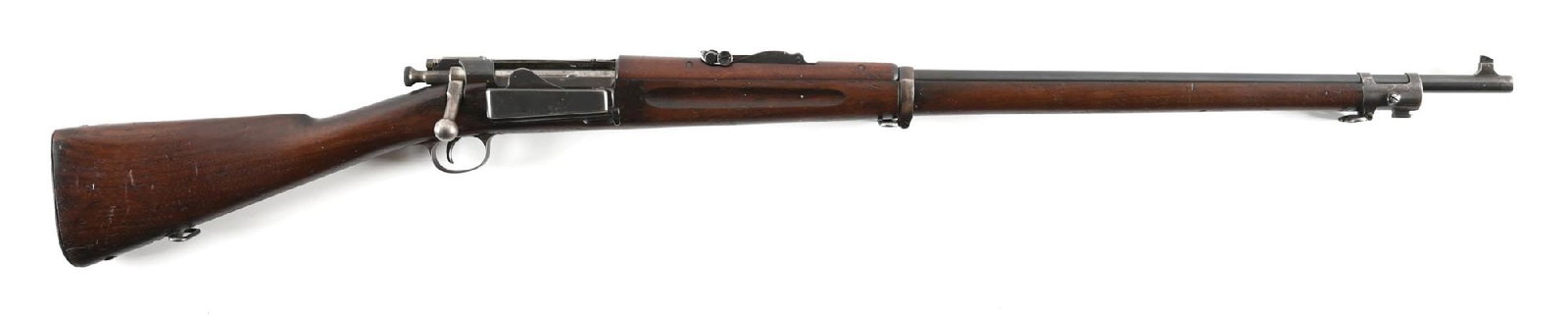 (C) SPRINGFIELD MODEL 1898 KRAG BOLT ACTION RIFLE.: Manufactured circa 1899. Blued barrel with pinned blade front sight and 1902 style rear sight. Finger groove walnut stock marked on each side of the butt with a stamped "7" rack number, with an additi