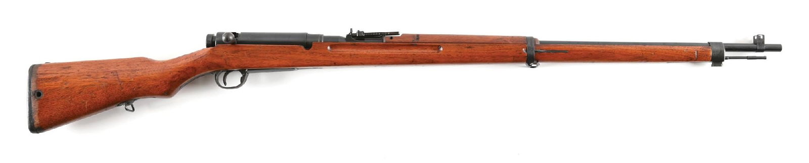 (C) NAGOYA TYPE 38 BOLT ACTION RIFLE.: Series 28 production with full blued finish including small parts, protected blade front sight, ladder rear, intact sliding dust cover, and finger groove stock. Stock has been drilled, in the period, 