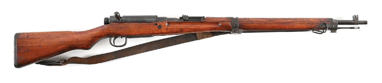 (C) TOYO KOGO TYPE 99 BOLT ACTION RIFLE.: Series 31 production with all blued components, protected blade front sight, anti-aircraft ladder rear sight, sliding dust cover, and finger groove hardwood stocks with standard mounts and folding mon