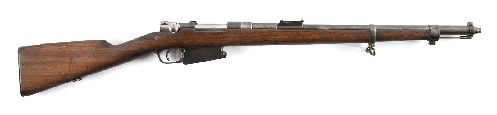 (C) BELGIAN FN MODEL 1889/16 MAUSER BOLT ACTION CARBINE.: Classically configured as standardized for World War I with a jacketed barrel, drift adjustable front sight, ladder rear sight, and walnut carbine stock. Mixed numbers. No visible import markings. CON
