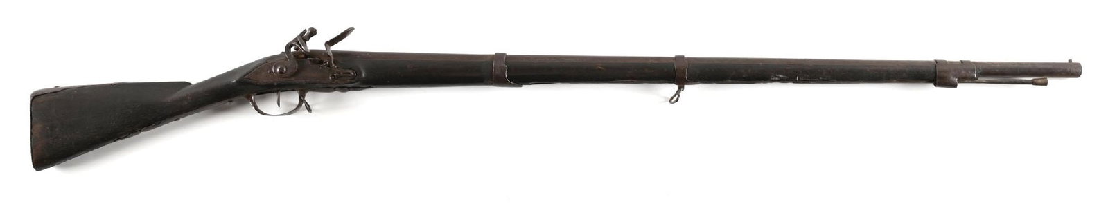 (A) GERMANIC FLINTLOCK MUSKET.: 18th century musket of Germanic form. Barrel is marked at the breech with an intaglio crown over "J" and "IW" touchmarks. Flat lock plate terminating in a distinct tail without legible markings. Appea