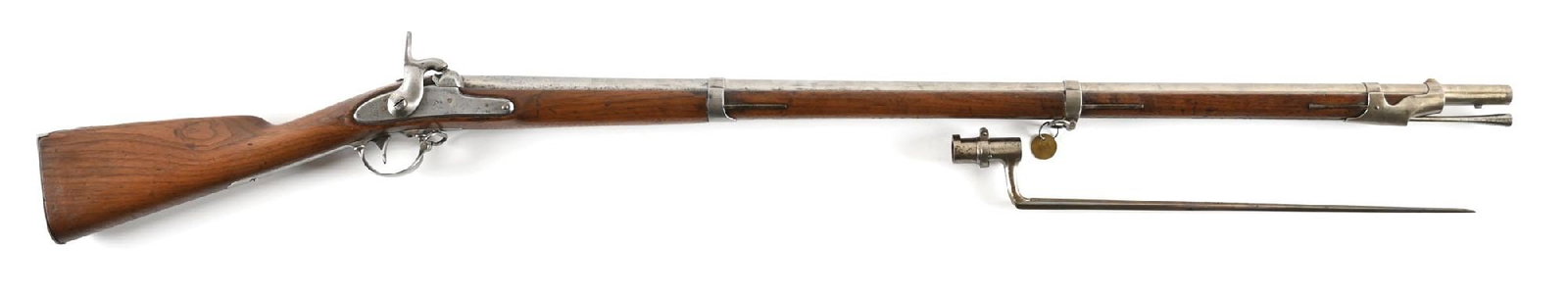 (A) US SPRINGFIELD MODEL 1842 PERCUSSION MUSKET.: This example is dated 1848 on lock along with "Springfield", "US", and eagle. Barrel breech is stamped "VP" with eagle head. Finish in the white with three bands, metal ramrod, all iron hardware and f