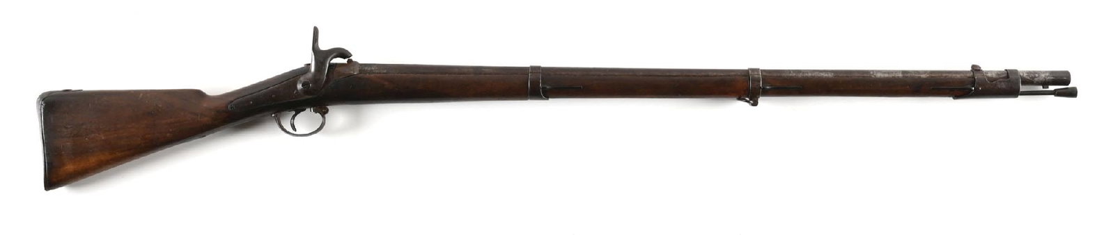 (A) FRANCOTTE MODEL 1842 STYLE PERCUSSION MUSKET.: Belgian made French 1842 style musket dated "1844" at the faceted breech with faint crown over "AF" August Francotte touchmark. Drift adjustable blade front sight dovetailed into the forward barrel ba