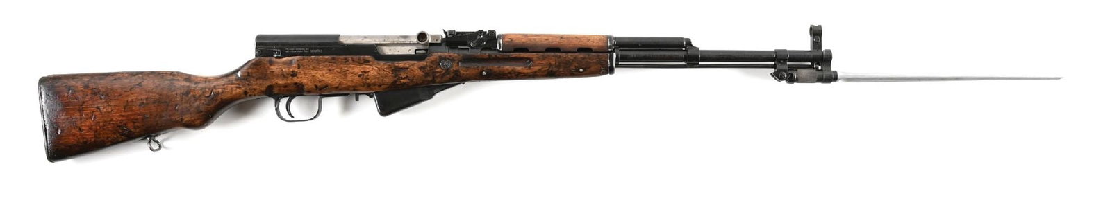 (M) CHINESE ARSENAL TYPE 56 SKS SEMI AUTOMATIC RIFLE.: Manufactured at Factory 26. Typical configuration with spike bayonet, protected post front sight, adjustable rear sight, flip safety, and matching numbers on left side of receiver, bolt, and stock. Im
