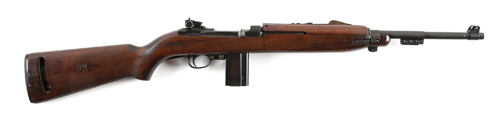 (C) INLAND M1 SEMI-AUTOMATIC CARBINE.: Produced in the early part of the 2nd Inland block which ran from September 1943 to January 1944. The Inland barrel is dated "10-43" and is fitted with a machined front sight and updated "I.R.CO" adju