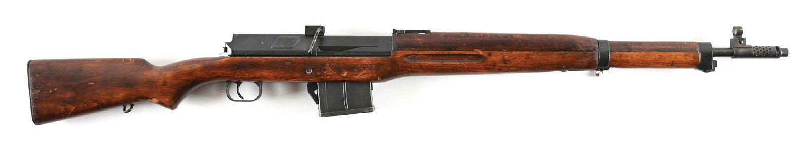 (C) EGYPTIAN HAKIM 8MM MAUSER SEMI-AUTOMATIC RIFLE.: Produced in Egypt during the 1950s and 60s based in the Swedish AG/42 design. Finished in dull arsenal blue with perforated muzzle device, hooded post front sight, Arabic numbered tangent rear sight, 