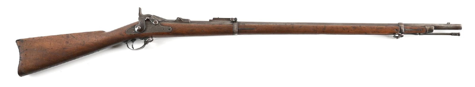 (A) US SPRINGFIELD MODEL 1873 TRAPDOOR SINGLE SHOT RIFLE.: This is an standard 1873 rifle built from July through September of 1875. Updated Buffington rear sight, standard front sight, two band, swivels, and the long wrist walnut stock with a visible but not