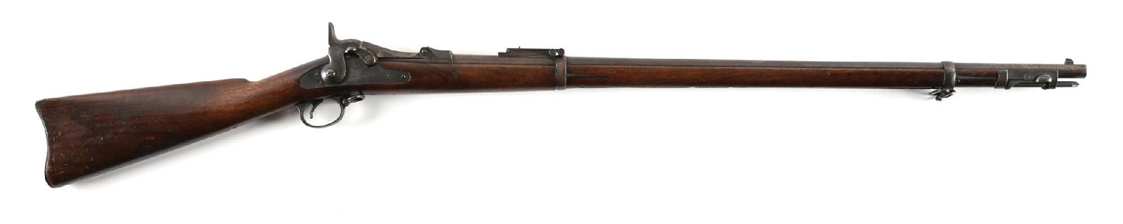 (A) US SPRINGFIELD MODEL 1888 TRAPDOOR RIFLE.: Manufactured circa 1891 in classic configuration throughout. Left flat of stock is stamped with retraced "SWP" cartouche dated 1891. Stock is rack numbered "22 / 121" just ahead of US marked