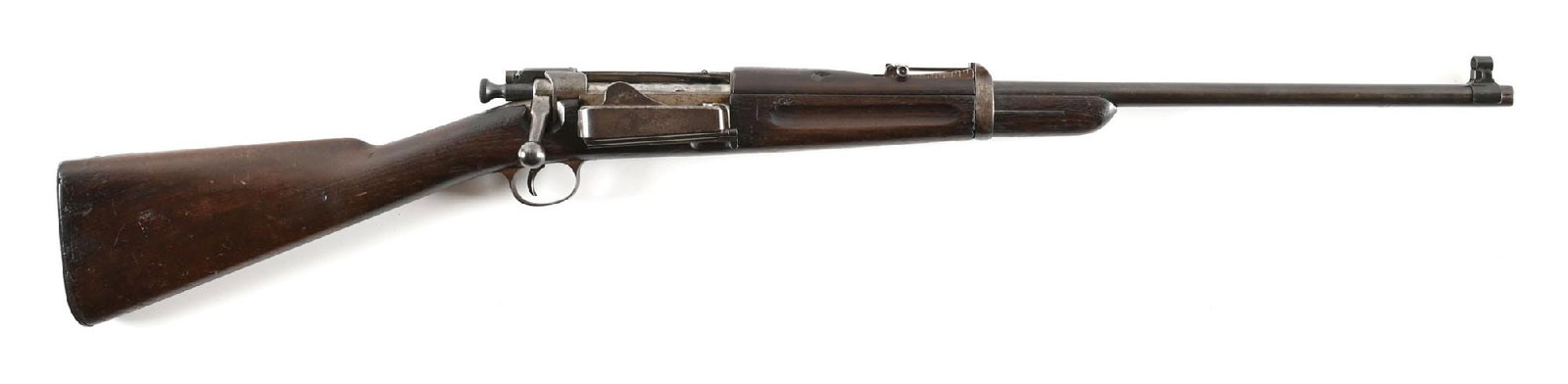 (A) US SPRINGFIELD MODEL 1896 KRAG BOLT ACTION CARBINE.: This carbine has a field replacement stock with no cartouche, proof "P", nor saddle ring / bar. The frame has the 1896 Model stamp and the rear sight is carbine marked. The front sight has the pop on 