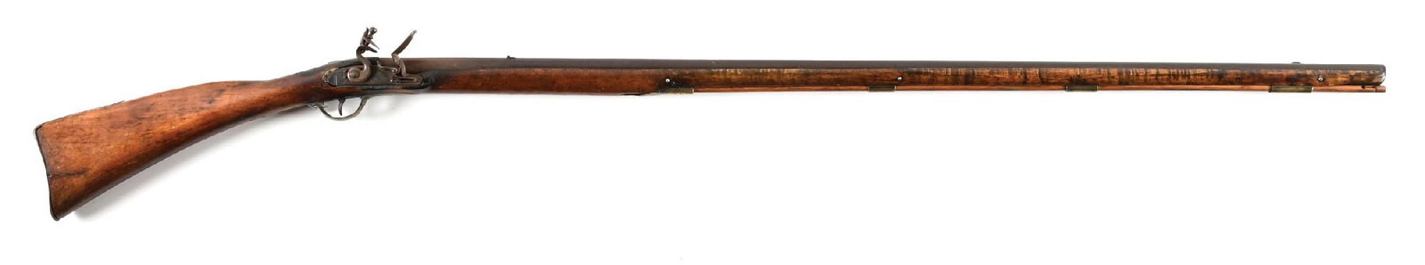 (A) FLINTLOCK KENTUCKY BUCK AND BALL RIFLE, POSSIBLY ANGSTADT.: Tapered round barrel with flattened sighting rib, small brass half moon front sight, and notch rear. Reconverted and refit engraved flint lock. Figured maple stock with somewhat crude sheet brass