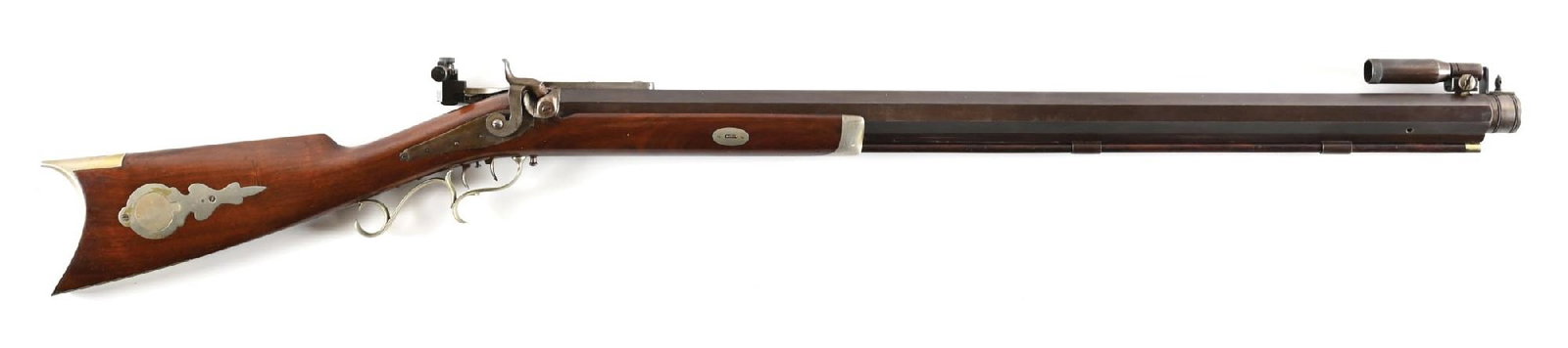 (A) HITCHCOCK & MUZZY HALFSTOCK PERCUSSION HEAVY BARREL BENCH TARGET RIFLE. (1 of 2)