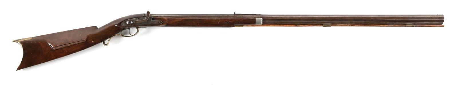 (A) HALF STOCK MULE EAR PERCUSSION RIFLE.: Features include octagon barrel, small cone front sight, rifle rear sight, pewter nosecap, brass trigger guard, nickel silver escutcheon on left stock flat opposite lock, and brass buttplate. CONDITIO