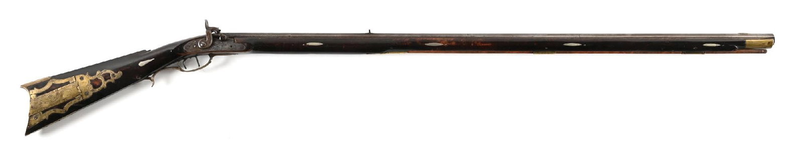 (A) PERCUSSION KENTUCKY RIFLE SIGNED "LP".: Features include brass nosecap, full length stock with decorative nickel silver escutcheons, brass ramrod ferrules, full length ramrod, blade front sight, rifle rear sight, double set triggers, lightl