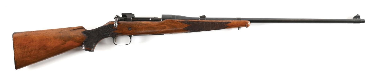 (C) ROSS RIFLE CO. MODEL 10 STRAIGHT PULL SPORTING RIFLE IN .280 ROSS.: Mostly found in their Canadian military configuration, this example is a factory built commercial sporting version with the hand checkered walnut half stock that features a checkered pistol grip, a ch