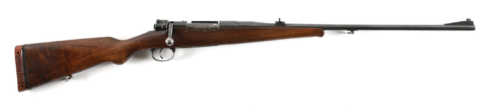 (C) GECO 98 BOLT ACTION SPORTING RIFLE.: Brass bead front sight dovetailed vertically into an island sweated onto barrel with serrated ramp. Drift adjustable U notch rear sight dovetailed into boss. Sling bow on base sweated t barrel ahead o