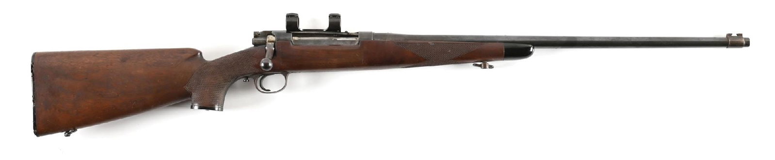 (C) SPRINGFIELD 1898 KRAG SPORTER BOLT ACTION RIFLE.: Front sight band with vacant dovetail, drilled and tapped with filler screws, hand detachable 18mm scope rings mounted to receiver. Barrel shank marked for .22 LR, but has been converted to a centerfi