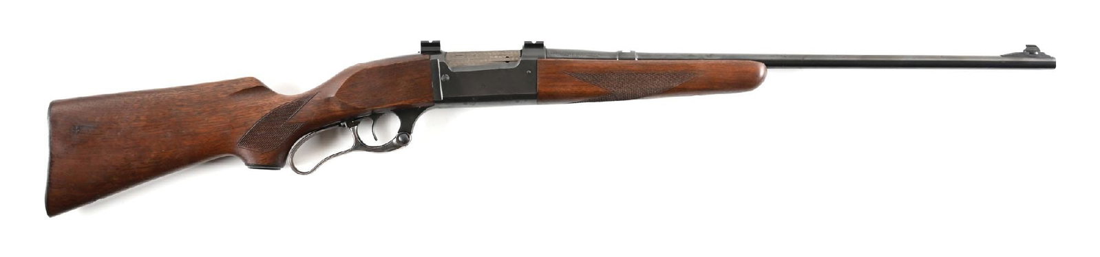 (C) SAVAGE MODEL 99F FEATHERWEIGHT LEVER ACTION RIFLE.: Manufactured in 1957. Blued lightweight tapered round barrel with ramped front sight. Rear sight boss is left empty with scope bases mounted to the solid frame. 2-piece checkered walnut stocks with se