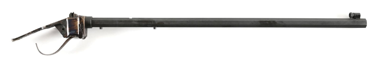 (M) EMF .45-70 BARRELED SHARPS ACTION.: Includes the case color action/block sans side plate and hammer. Matte finished octagonal barrel along with a globe front sight. CONDITION: Excellent. Retains at least 95% of the colors and blue showi