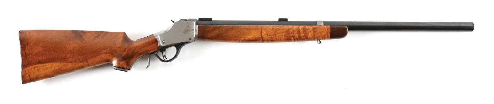 (C) HENRY LOVELL CUSTOM 1885 HIGH WALL SINGLE SHOT FALLING BLOCK RIFLE.: Henry E. Lovell of Indiana was a well known wildcatter before the war and built custom rifles as well as designing custom wildcat cartridges. Probably his most famous invention was the .22-3000 round 