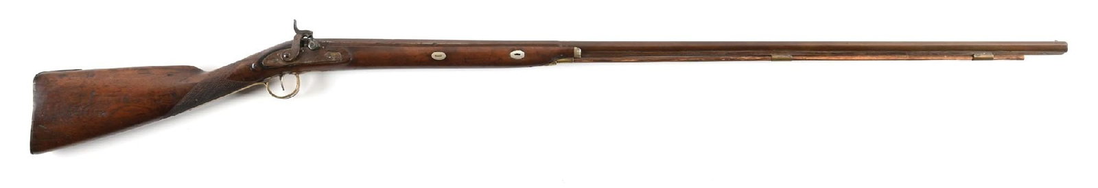 (A) FRANK WASHBURNE PERCUSSION FOWLER.: The British proofed 2-stage barrel transitions with a wedding band and is stamped "FRANK WASHBURNE" on the top flat. Inlaid German silver spider front sight. Lightly engraved percussion lock. The half