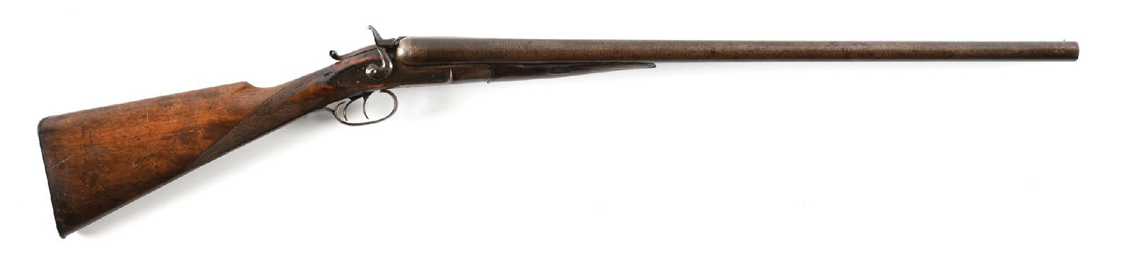 (A) REMINGTON MODEL 1874 SIDE BY SIDE SHOTGUN.: These were available from 1874 through 1882. Features the case colored sidelock action, lifter release, dual triggers, browned Damascus barrels, single bead front sight, checkered walnut stock with st