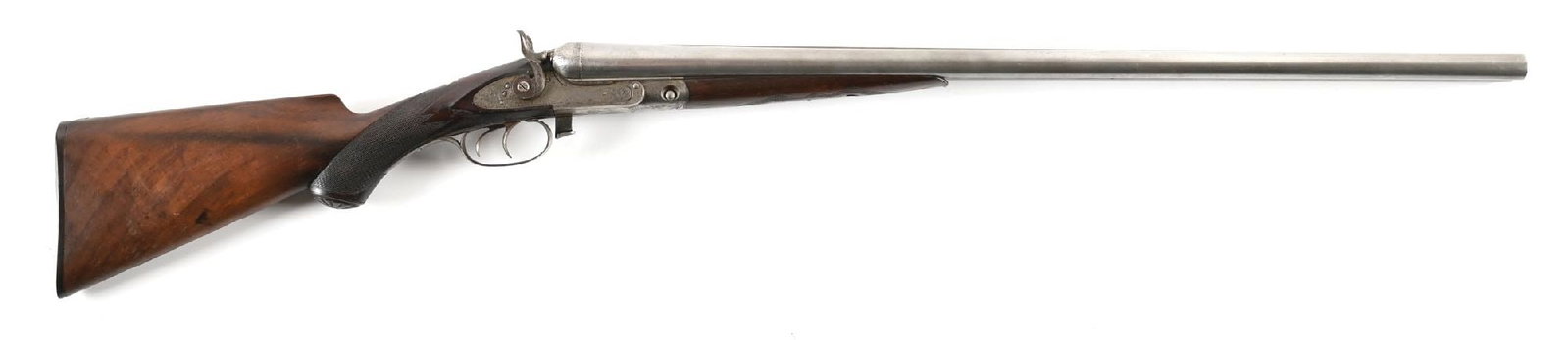 (A) PARKER BROS GRADE 2 LIFTER SIDE BY SIDE 12 BORE SHOTGUN.: Manufactured in 1882. Damascus steel barrels concave rib and mushroom bead front sight. Case hardened lifter action engraved on the underside with a woodcock and foliate flourishes. Sideplates are als