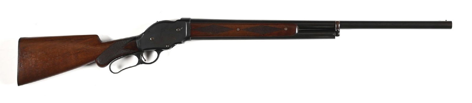 (C) FIRST YEAR UPGRADED DELUXE WINCHESTER MODEL 1901 10 GAUGE LEVER ACTION SHOTGUN.: Factory research indicates that this gun was shipped October 18th, 1901. This example features upgraded factory deluxe style checkered round knob walnut stock with a checkered steel butt plate and a d
