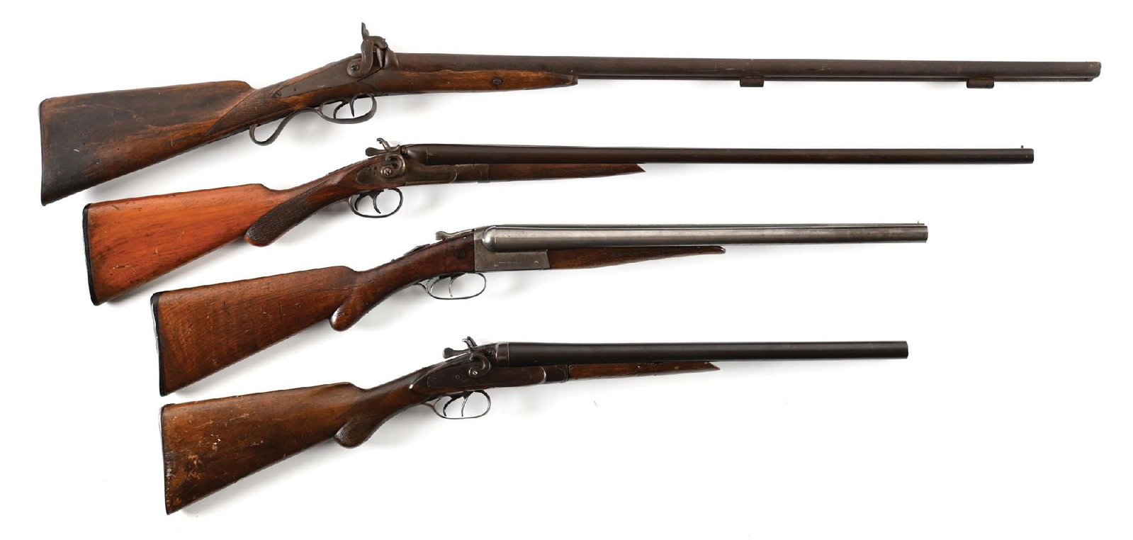 (A+C) LOT OF 4: SIDE BY SIDE SHOTGUNS.: Lot consists of: (A) Mid-19th century Belgian side by side percussion shotgun with back action locks and checkered walnut stock with cheek piece. CONDITION: Poor. Metal has a dark brown, oxidized pati