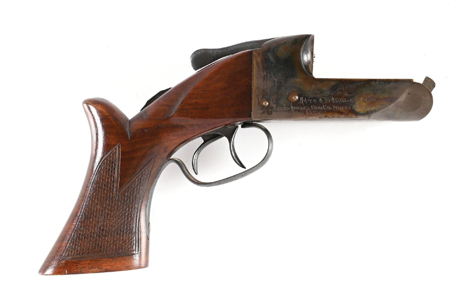 (C) ITHACA AUTO AND BURGLAR FRAME.: This is a Model A made in 1924 with the Flues case color boxlock with dual triggers, checkered pistol grip stock with knuckle, and checkered butt. The "Auto & Burglar" legend is stamped on both sides 