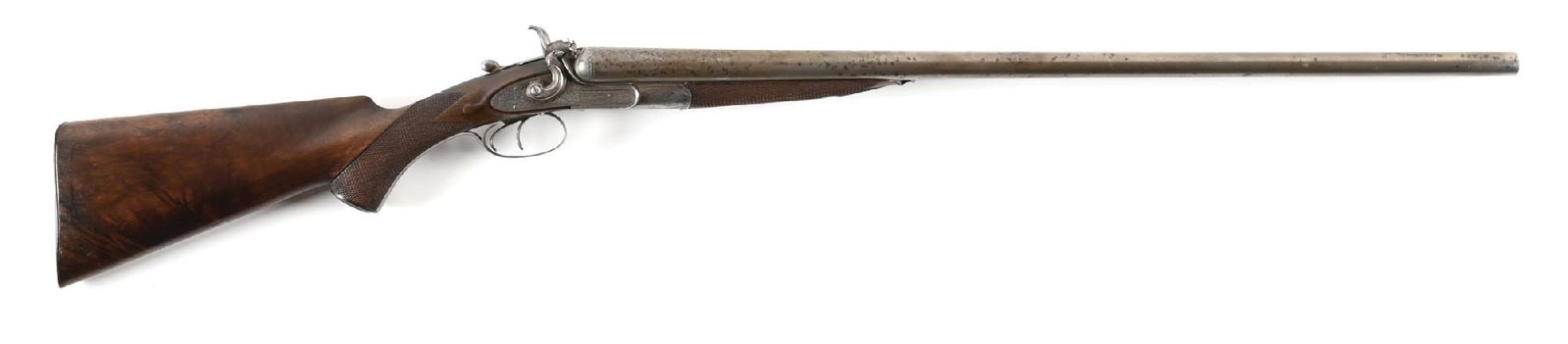 (A) CHARLES OSBORNE 12 BORE SIDE BY SIDE SIDELOCK SHOTGUN: Damascus twist barrels with bead front sight on smooth, narrowing, concave rib engraved with Charles Osbornes information and serial number at rear with a 1" sprig of acanthus scrollwork. Underside of