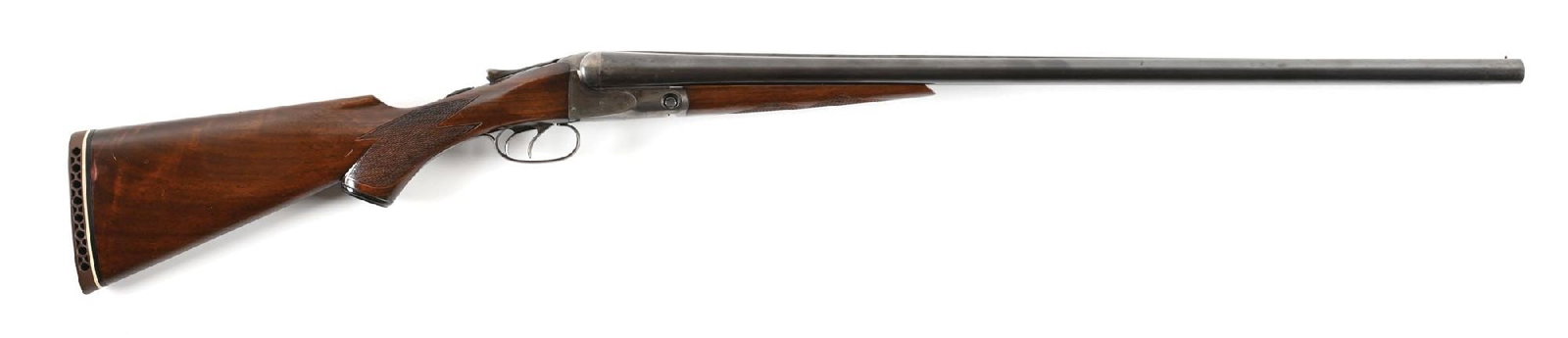 (C) FOX STERLINGWORTH SIDE BY SIDE 12 GAUGE SHOTGUN.: Dovetail lump barrels with brass bead front sight on a solid, tapering, matted rib with rib extension slotted for a Scott crossbolt. Legends over chambers for "Sterlingworth Fluid Compressed Steel" an
