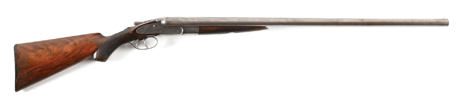 (A) LEFEVER G GRADE HAMMERLESS SIDE BY SIDE 12 GAUGE SHOTGUN.: Dates to 1890. The G stamp inside frame water table indicates their G or Ideal grade. It features Damascus barrels, matted rib, extractor, single bead front sight, an English walnut stock, checkered p