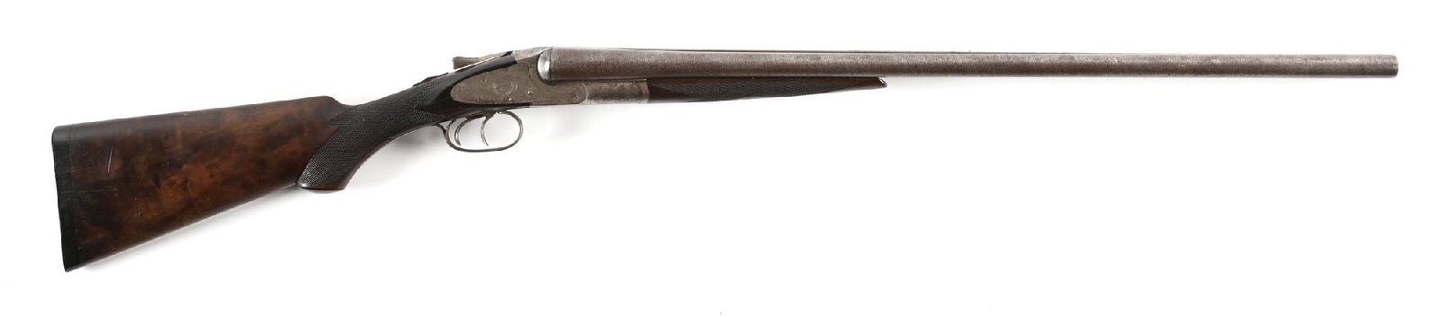 (C) LC SMITH NO. 2 QUALITY HAMMERLESS SIDE BY SIDE 12 GAUGE SHOTGUN.: Dates to circa 1901-1902. The No. 2 Quality was still a very high quality gun and was often referred to as the "knockabout" grade. The side locks are engraved with bird scenes on both sides in circles