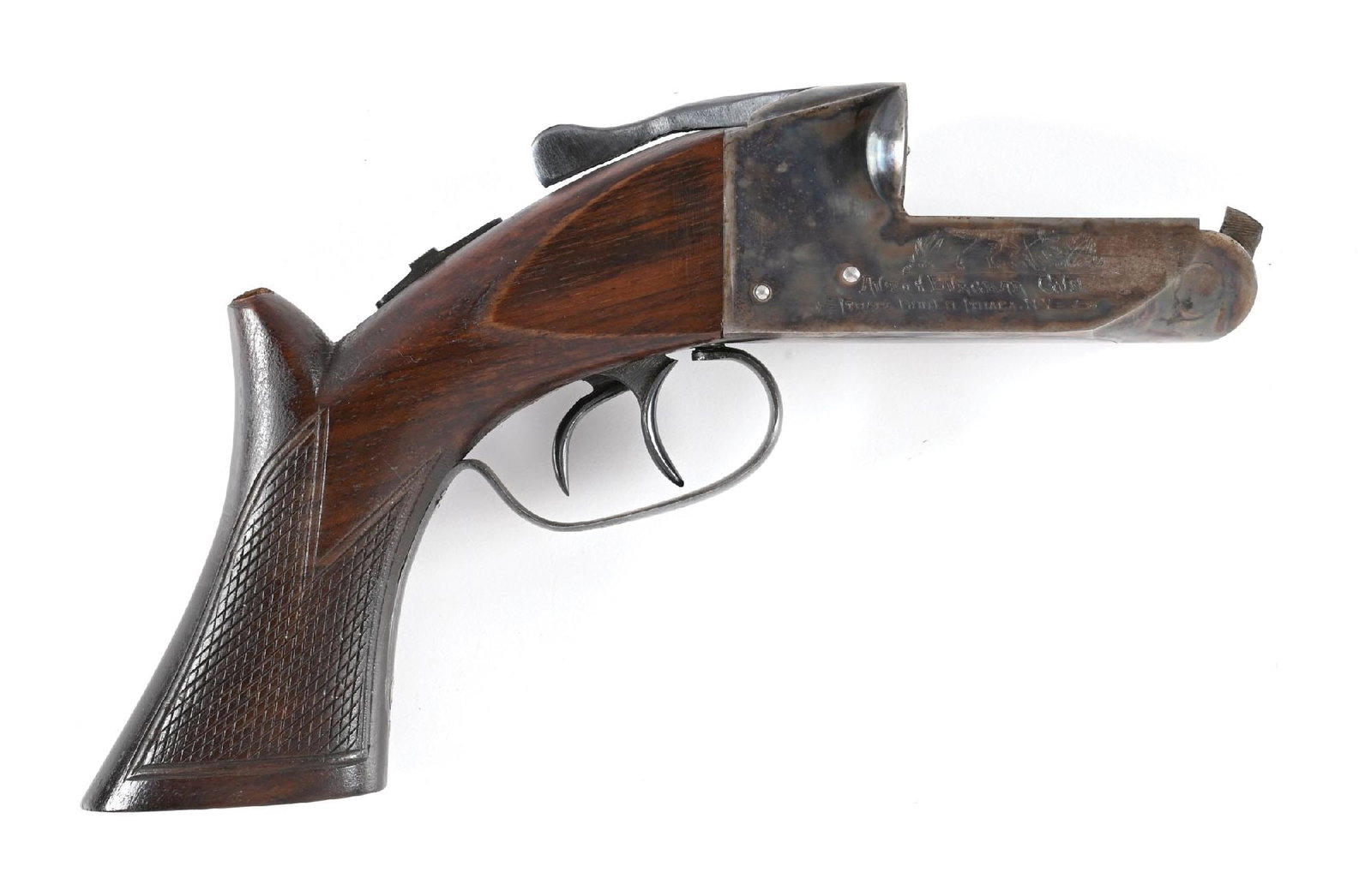 (C) ITHACA AUTO & BURGLAR PISTOL FRAME.: Built in 1922 on the Flues case color boxlock frame. The checkered walnut pistol grip features the elongated knuckle and base of grip is checkered. Both sides of the frame exhibit the "AUTO & BURGLAR 
