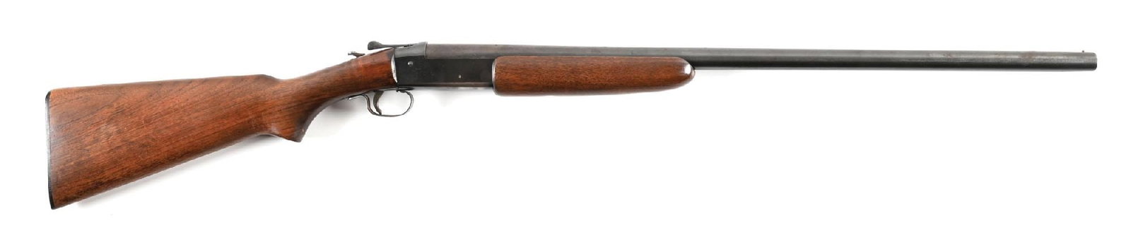 (C) WINCHESTER MODEL 37 SINGLE SHOT SHOTGUN.: Typical configuration. CONDITION: Good, with handing marks and silvering to carry point and trigger guard. Stocks with impressions and dings throughout. Mechanically fine, lever to the right, bore
