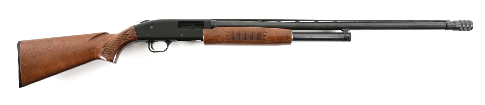 (M) NEW HAVEN MODEL 600 AT SLIDE ACTION SHOTGUN.: Features standard blue finish, take down, a muzzle adjustable choke, vent rib, press checkered hardwood stock with pistol grip, and black butt plate with matching forearm. CONDITION: Excellent.