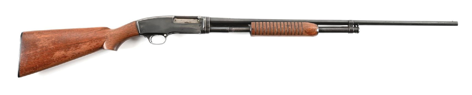 (C) WINCHESTER MODEL 42 .410 SLIDE ACTION SHOTGUN (1950): Manufactured 1950. Classic configuration with takedown receiver, bead front sight, flat bottom forearm, and Winchester hard rubber buttplate. CONDITION: Good, retains the majority of the blue finish t