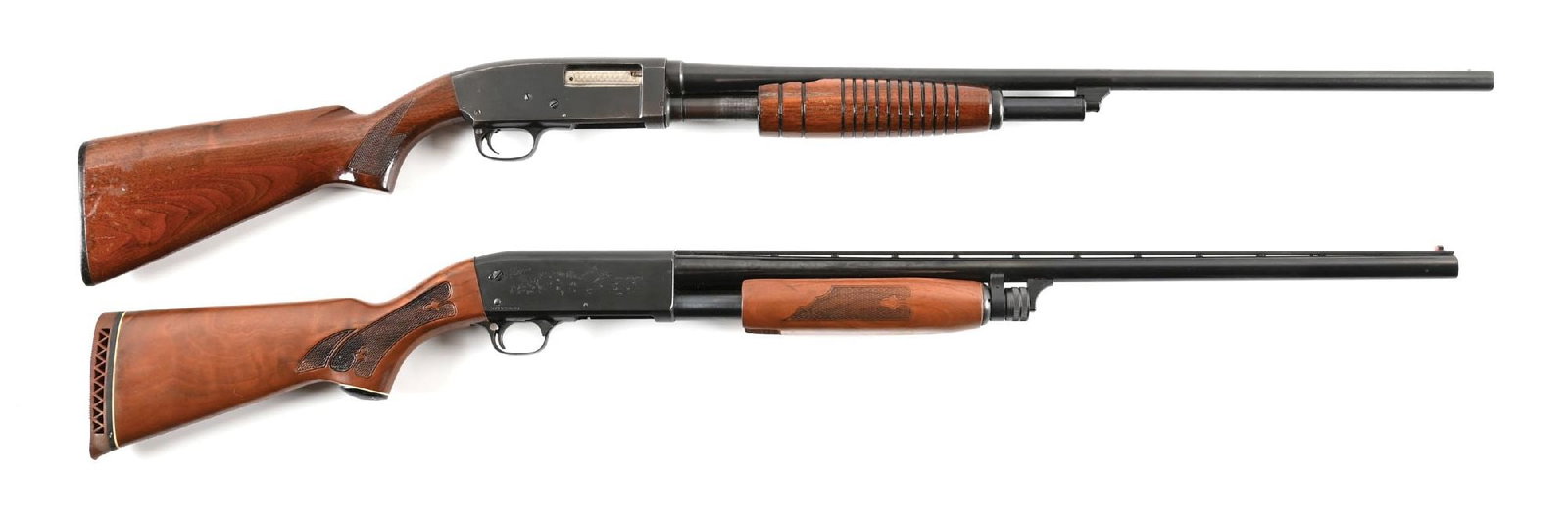 (M) LOT OF 2: STEVENS MODEL 620 20 GAUGE AND ITHACA MODEL 37 FEATHERWEIGHT 12 GAUGE SLIDE ACTION: Lot consists of (A) Standard configuration with bead front sight and "MOD" marked shank. CONDITION: Fair, with thinning to silver at sharp edges, scattered chocolate patina, and silvering to