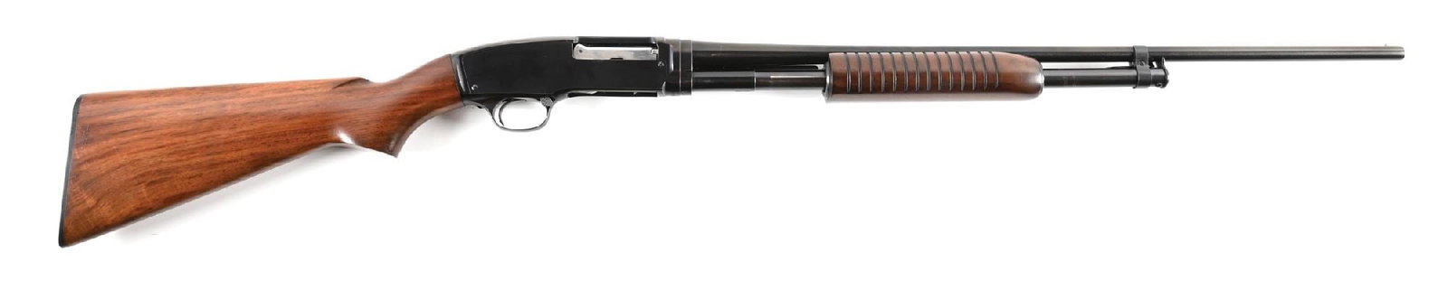 (C) WINCHESTER MODEL 42 SLIDE ACTION SHOTGUN.: Dates to 1957. Standard field grade with blue finish, bead front sight, plain walnut stock with pistol grip, Winchester black buttplate, and matching flat bottom forearm. CONDITION: Excellent. Metal