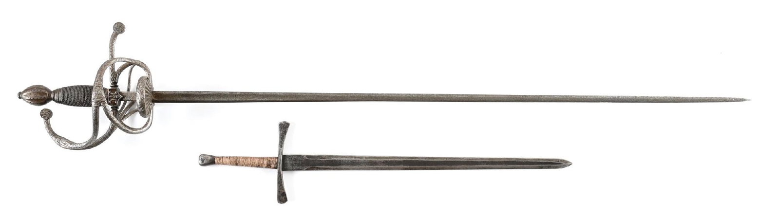 LOT OF 2: SWORD AND DAGGER.: Lot consists of (A) Rapier with 34 - 1/2" blade with fuller. Elaborate guard with shell motif at crossguard and floral motifs incorporated throughout. Wire wrap, fluted ovoid pommel. CONDITION;