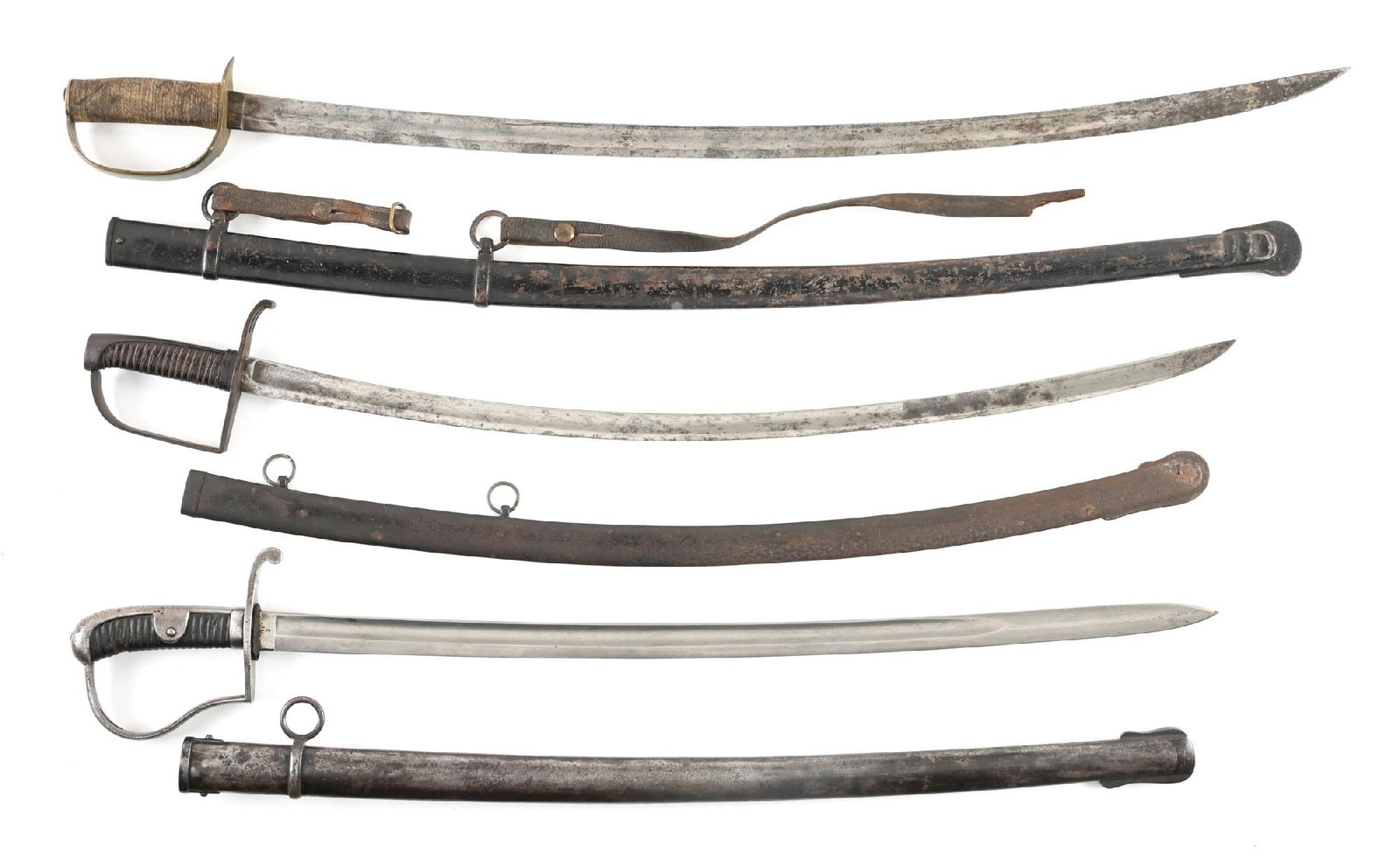 LOT OF 3: SABERS.: Lot consists of: (A) Unmarked composite saber with slightly curved blade that exhibits a gray patina. Brass guard and knucklebow with pleasing patina. Twine wrapped wood grip. Complete with black