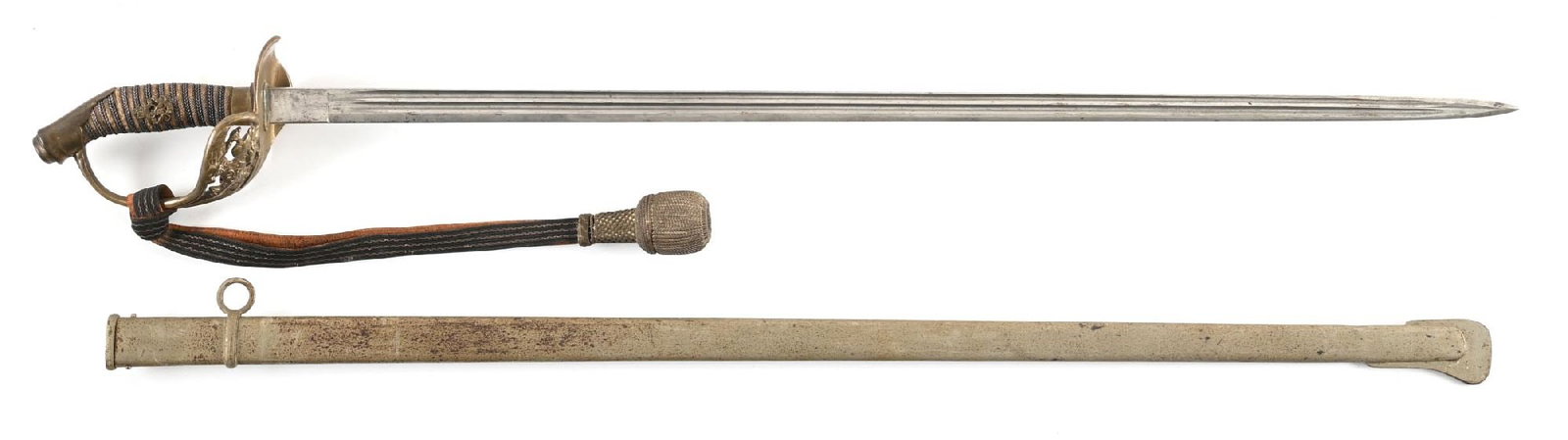 IMPERIAL GERMAN MODEL 1889 INFANTRY OFFICER'S SWORD: Model 1889 infantry officer's sword marked "ALEX COPPEL / SOLINGEN" on the reverse ricasso. The blade exhibits scattered blemishes and a gray patina. Brass guard exhibits a moderate patina. Shagreen w