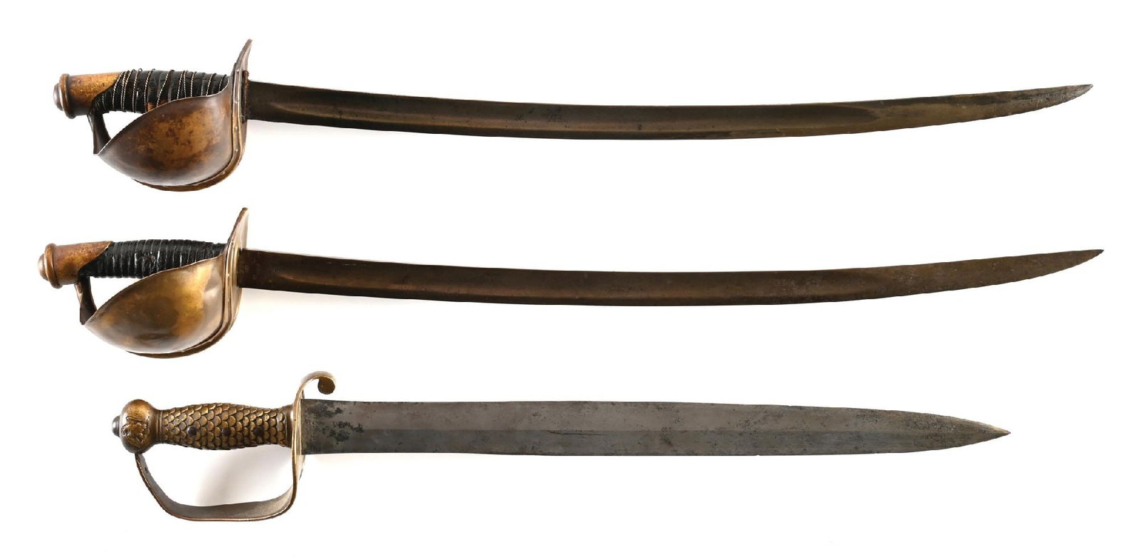 LOT OF 3: US MEXICAN WAR-CIVIL WAR NAVAL CUTLASSES.: Lot consists of: (A) M1860 naval cutlass in standard configuration marked "U.S.N. / D.R. / 18642" on obverse blade. The blade exhibits a gray patina with pitting and scattered blemishes. Solid brass h