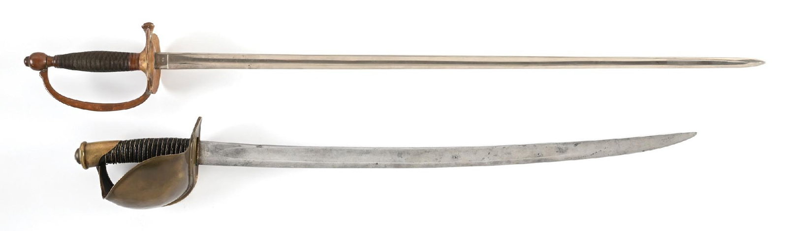 LOT OF 2: US CIVIL WAR NCO SWORD AND NAVAL CUTLASS.: Lot consists of: (A) M1840 NCO sword marked with Ames scroll on obverse ricasso and "U.S. / AHC / 1862" on reverse ricasso. Blade is bright with spotting. Hilt with mellow patina. Knucklebow is inspec