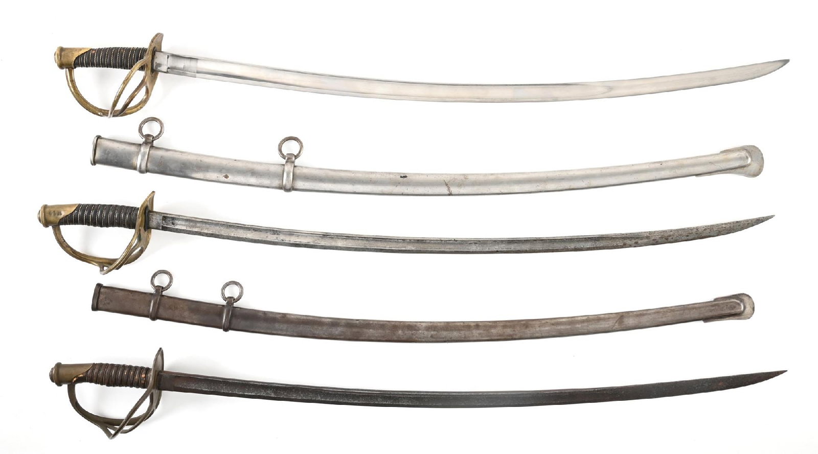 LOT OF 3: CAVALRY SABERS.: Lot consists of: (A) M1840 style saber with bright, unmarked blade. Brass hilt with mellow patina. Cone shaped leather wrapped wood grip with twisted brass wire. Knucklebow numbered "88". Complete wit