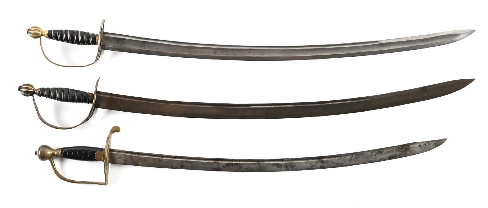 LOT OF 3: SHORT SABERS.: Lot consists of: (A) Appears unmarked. Bright blade with scattered blemishes. Brass hilt with four open slots. Center swelled grooved grip with twisted brass wire. CONDITION: Good. (B) Same as (A) exc